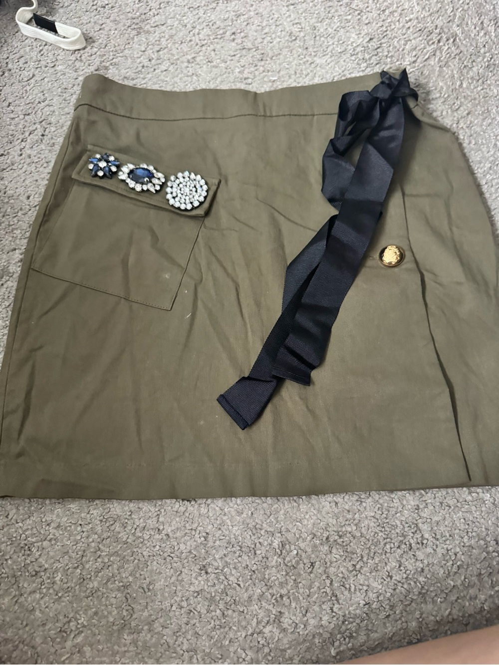Olive Green Embellished Mini Skirt with Black Ribbon Detail